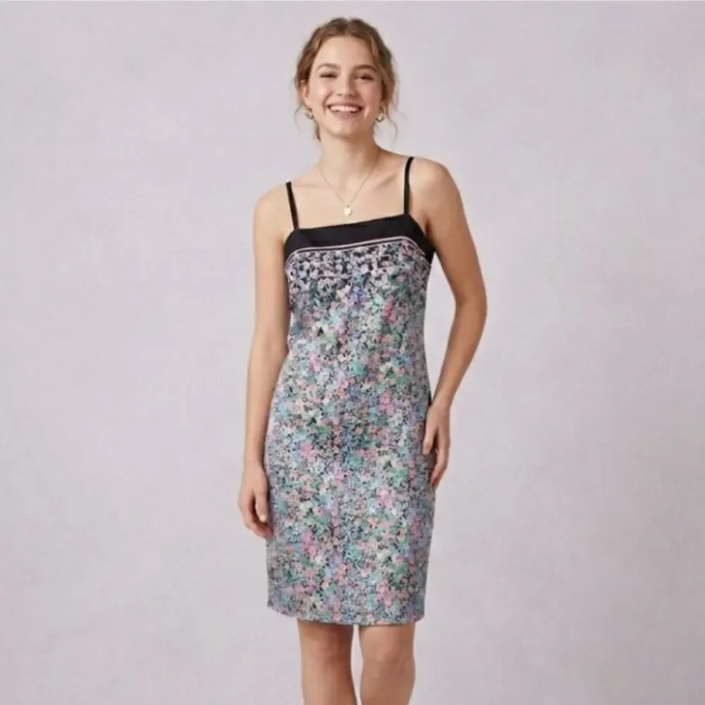 Vintage 80s Silk Slip Dress Ditsy Floral Shift Mini Dress Coquette Womens L